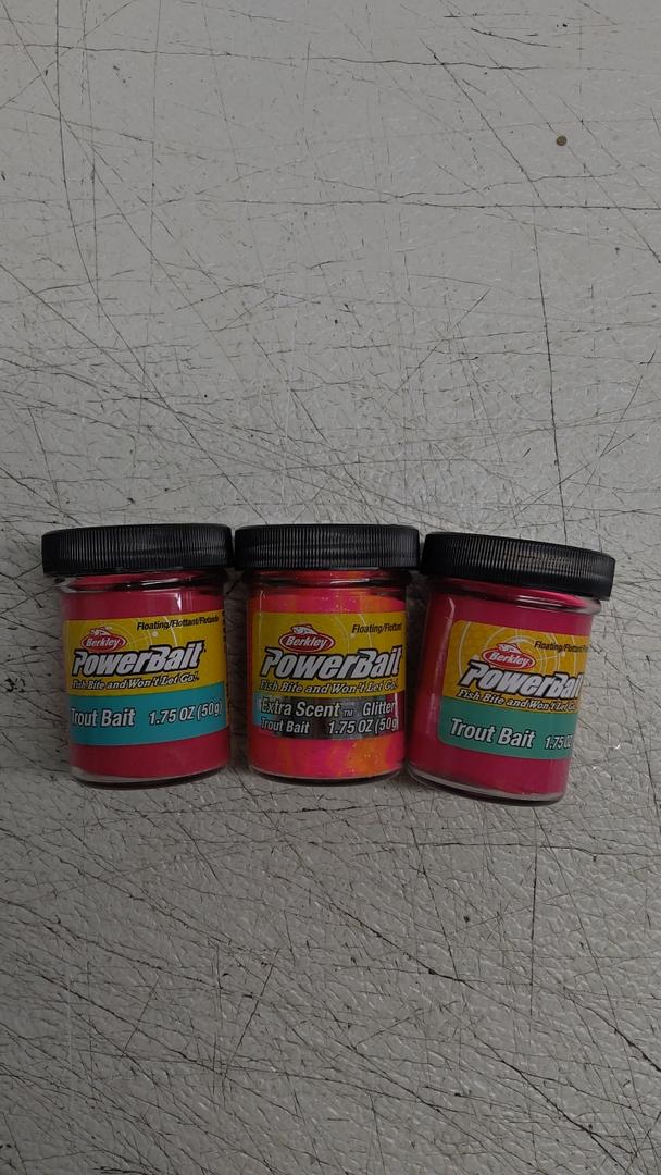 3pack of Trout Power Bait, two 1.75 oz of standard trout bait, one container of Extra Scent Glittering Trout bait.
