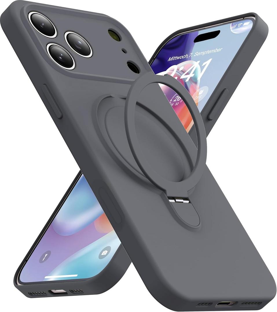 Magnetic Stand for iPhone 17 Pro Max Case, Liquid Silicone, [Compatible with MagSafe][Built-in Kickstand&Ring Holder] Anti-Scratch Soft Microfiber Lining, Gray