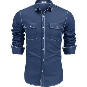 COOFANDY Mens Western Cowboy Shirts Cotton Long Sleeve Shirts with Two Pockets Embroidered (XX-Large, Navy Blue)