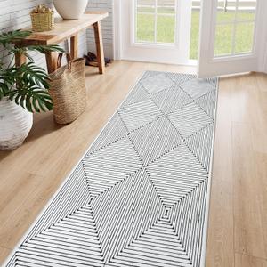LIVEBOX Modern Washable Runner Rug 2.5x8, Geometric Kitchen Runners Long Entryway Runner Rug, Non Shedding Non Slip Indoor Carpet for Hallway Kitchen Entryway Indoor Laundry Room (02-ivory/Black)