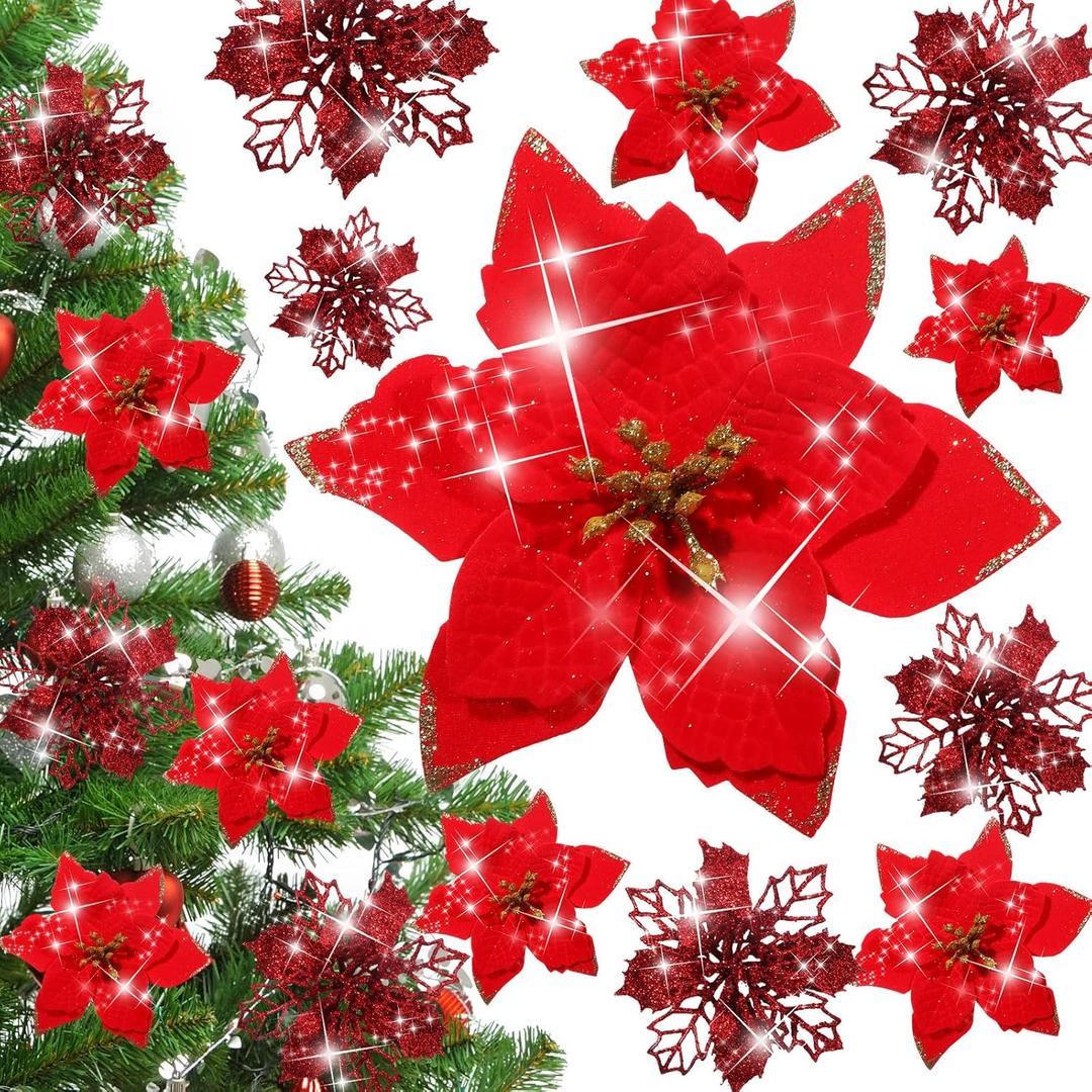 Crowye 30 Pieces 2 Styles Christmas Glitter Poinsettia Flowers Artificial Christmas Flowers Faux Xmas Poinsettia Christmas Tree Ornaments for Xmas Holiday Wedding Wreath Decor (Red)