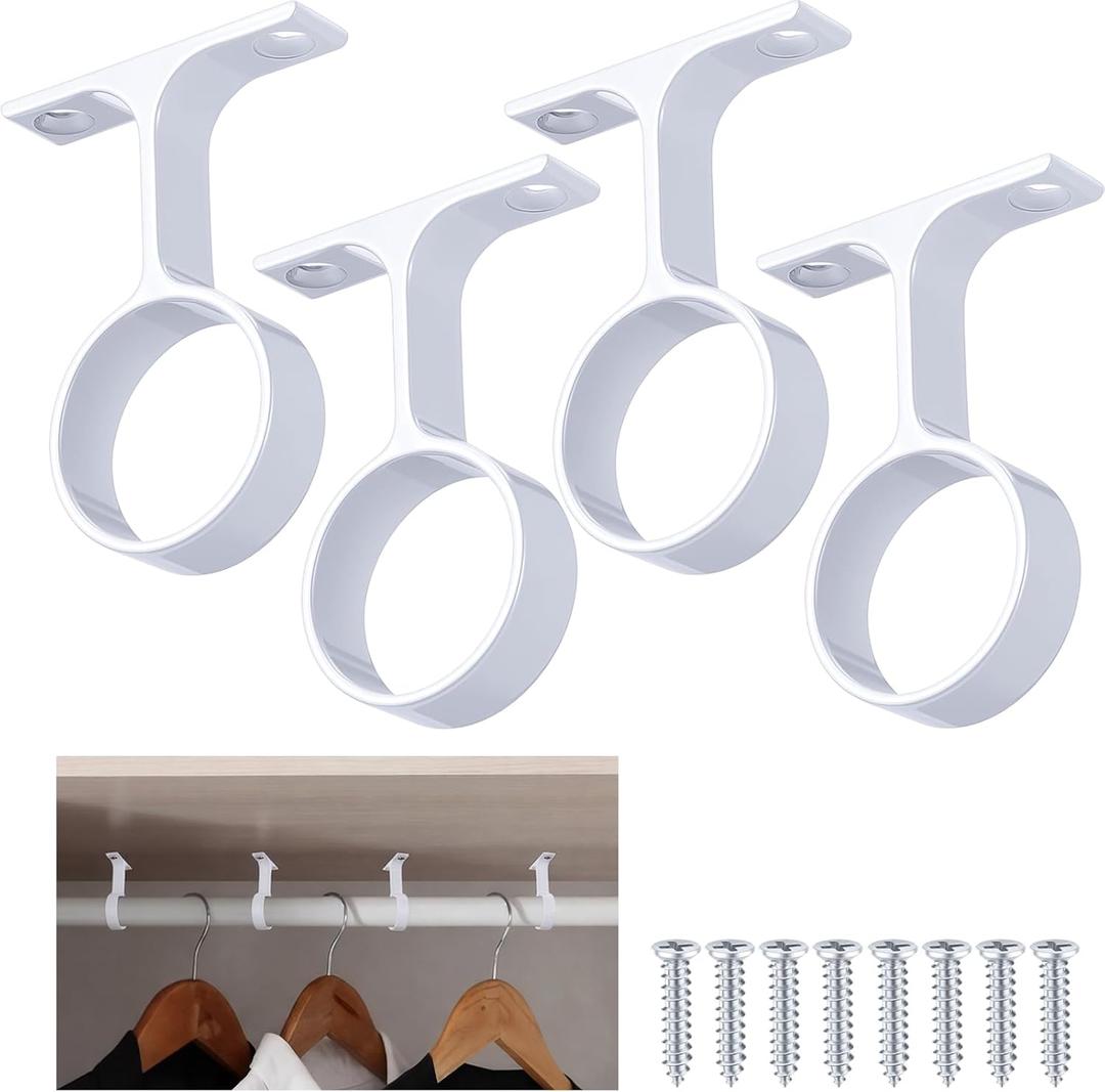 LEIFIDE 4 Pcs 1 5/16 Inch Diameter Round Wardrobe Closet Rod Suspended Center Support with Installation Screws Curtain Closet Rod Ceiling Mount Bracket for Home Wardrobe (White)