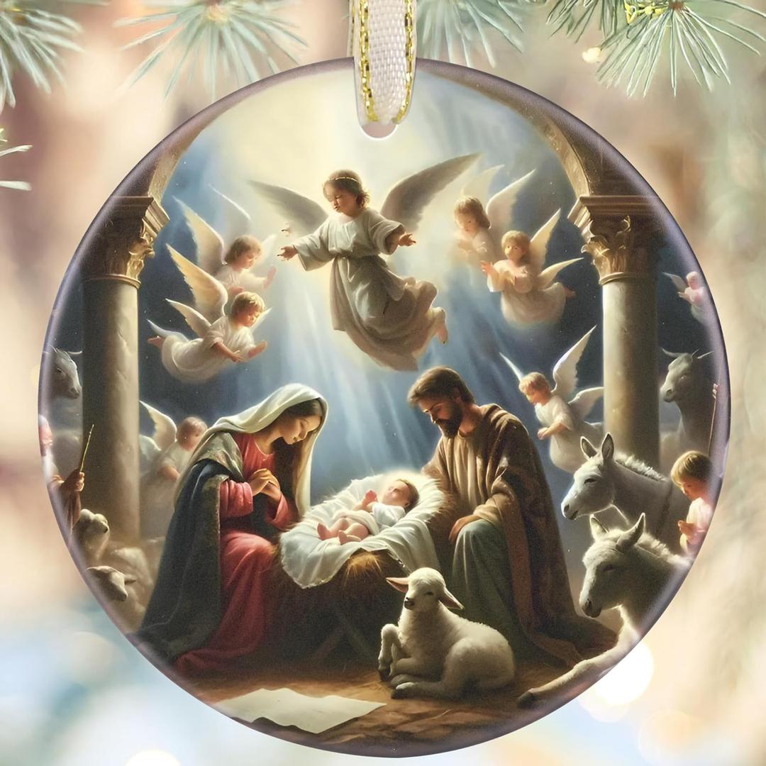 4 x Nativity Christmas Decorations, 3.5 Inch Ceramic Religious Christmas Ornament, Christmas Tree Ornaments, Christian Gifts for Kids, Religious Gifts for Women, Xmas Gifts for Mom, Merry (Birth of Jesus)