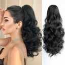 Natural Black Claw Ponytail Extension Wavy 16" Synthetic Curly Fake Clip in Extensions Wig Hair Pieces Fluffy Not Easily Knotted Clips on Ponytails for Women Wedding Party Daily Use 6 Oz