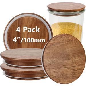 4 Pack Lids for Weck Jars 100mm Opening Acacia Tulip Glass Jar Lid with Silicone Airtight Jar Wooden Lids Large 4.25" Reusable Fits for Weck Jar Models 738 739 740 741 742 743 744 745 748 974