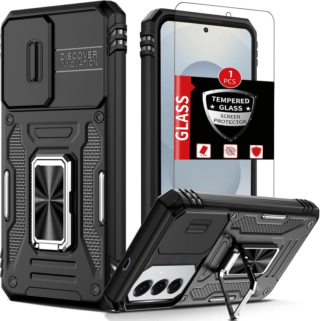 for Samsung Galaxy S25 Case with 1 Screen Protector,Built-in Slide Camera Cover+Kickstand Ring for S25 Phone Case Shockproof Anti-Scratch Military-Grade Drop Heavy Duty Protection Black