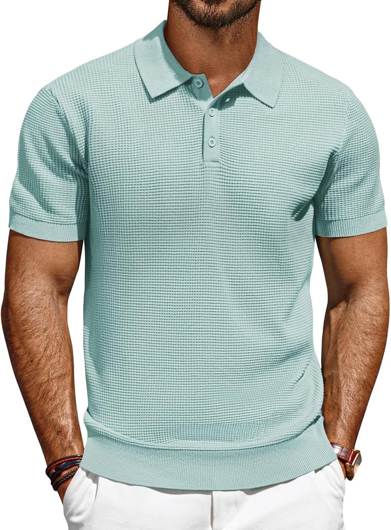 PJ PAUL JONES Polo Shirts for Men Short Sleeve Casual Knit Waffle Texture Polo Golf Shirt (Large, Light Green)