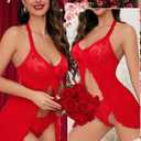 Women Lingerie Sexy Open Front Lace Babydoll Dress with Thong Halter Mesh Nightgown (Red, S)