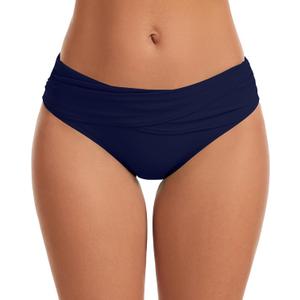 Vogueric Women's Swimsuit Bikini Bottoms Full Coverage Ruched Bathing Suit Bottom Dark Navy Small