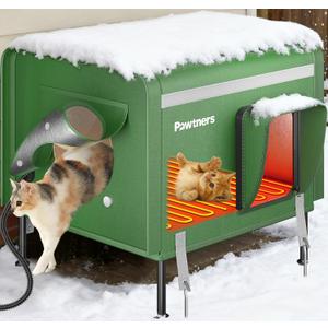 Pawtners Heated Outdoor Cat House for Outside Cats, 19'' Large Insulated Weatherproof Cat Shelter with Heated Pad, Elevated Feet & Escape Door, Warm Kitty House for Feral or Stray Cats in Winter (Green)