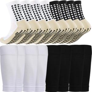 1 Set Anti-Slip Grip Soccer Socks with Shin Guard Sleeves, Sports Athletic Socks for Men Women (Black, White, One Size)
