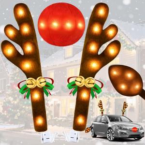 Christmas Car Decorations Reindeer Car Kit Antlers 2025, Jingle Bells Rudolph with Lights Reindeer and Nose, Tail Cute Costume Auto Accessories for Trunk Vehicles SUV Warm White