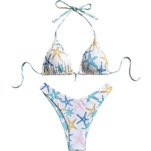Women's All Over Printed Bathing Suit Halter High Waist Summer Swimsuit Bikinis Set (XS, White)