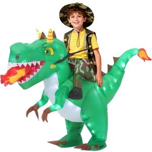 Inflatable Dinosaur Costume for Kids Light Up T-Rex Funny Blow Up Halloween Party Cosplay Dress Up Outfit Boys Girls,Blue (Green)