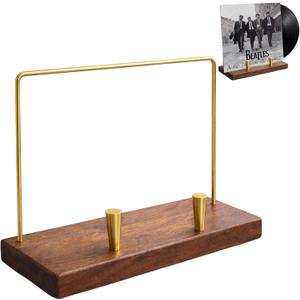 Solid Black Walnut Vinyl Record Holder with Brass Frame Heavy Duty LP Album Display Stand, Tabletop Record Storage Rack Holds Up to 6 Records