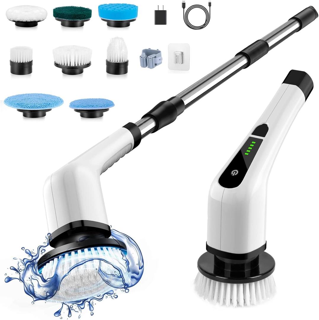 Electric Spin Scrubber, Cordless Cleaning Brush Scrubber for Home, 8 Replaceable Brush Heads-90Mins Work Time, 3 Adjustable Size, 2 Speeds for Bathroom Shower Bathtub Glass Car
