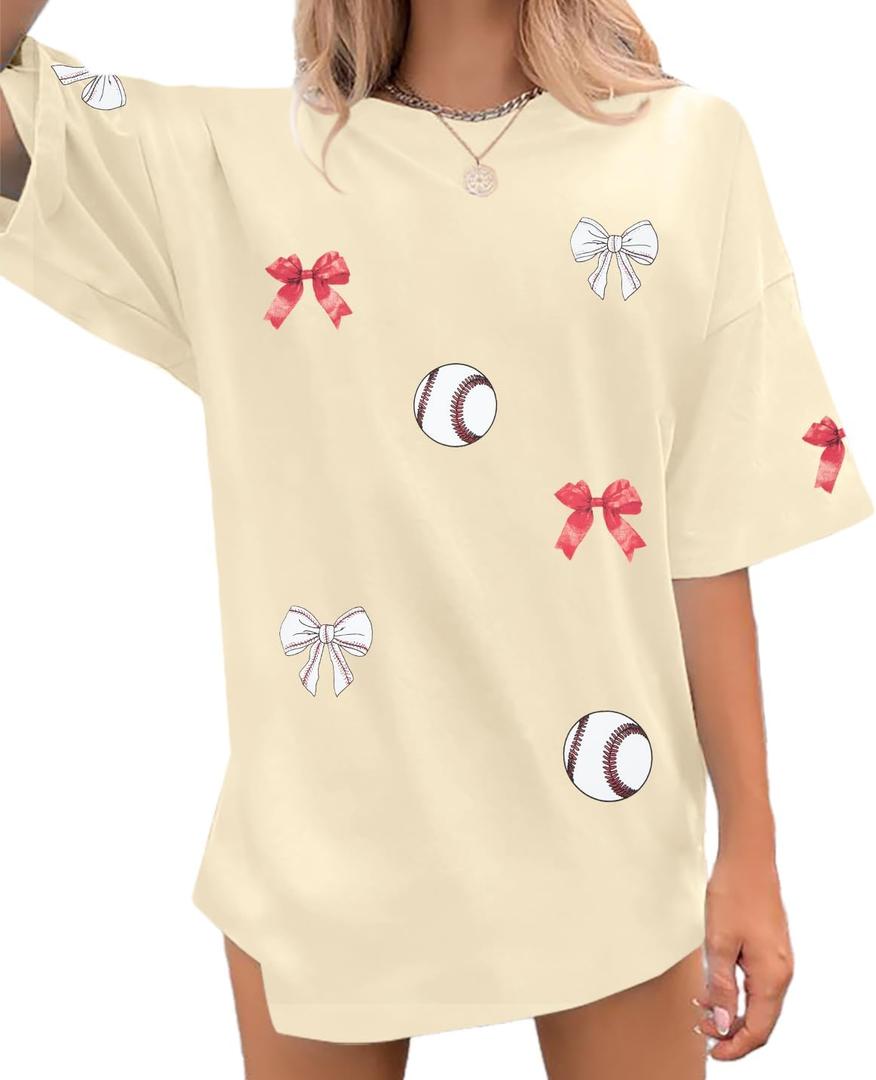 Baseball Shirts Women Baseball Bow Oversized Graphic Tshirt Game Day Gift Baseball Mom Casual Tee Tops (Medium, Apricot)
