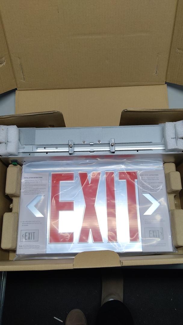 LED Exit Sign LED Edge-Lit Exit Sign Emergency Light, 120-347V, Recessed Mount Emergency Light, Aluminum Housing, Single Face Acrylic Panel, Red or Green Letters, with Battery Backup