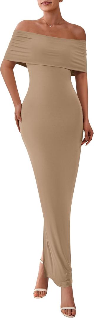 PRETTYGARDEN Women's Off The Shoulder Maxi Dresses 2025 Summer Formal Elegant Cocktail Party Wedding Guest Long Dress (Light Khaki, S)