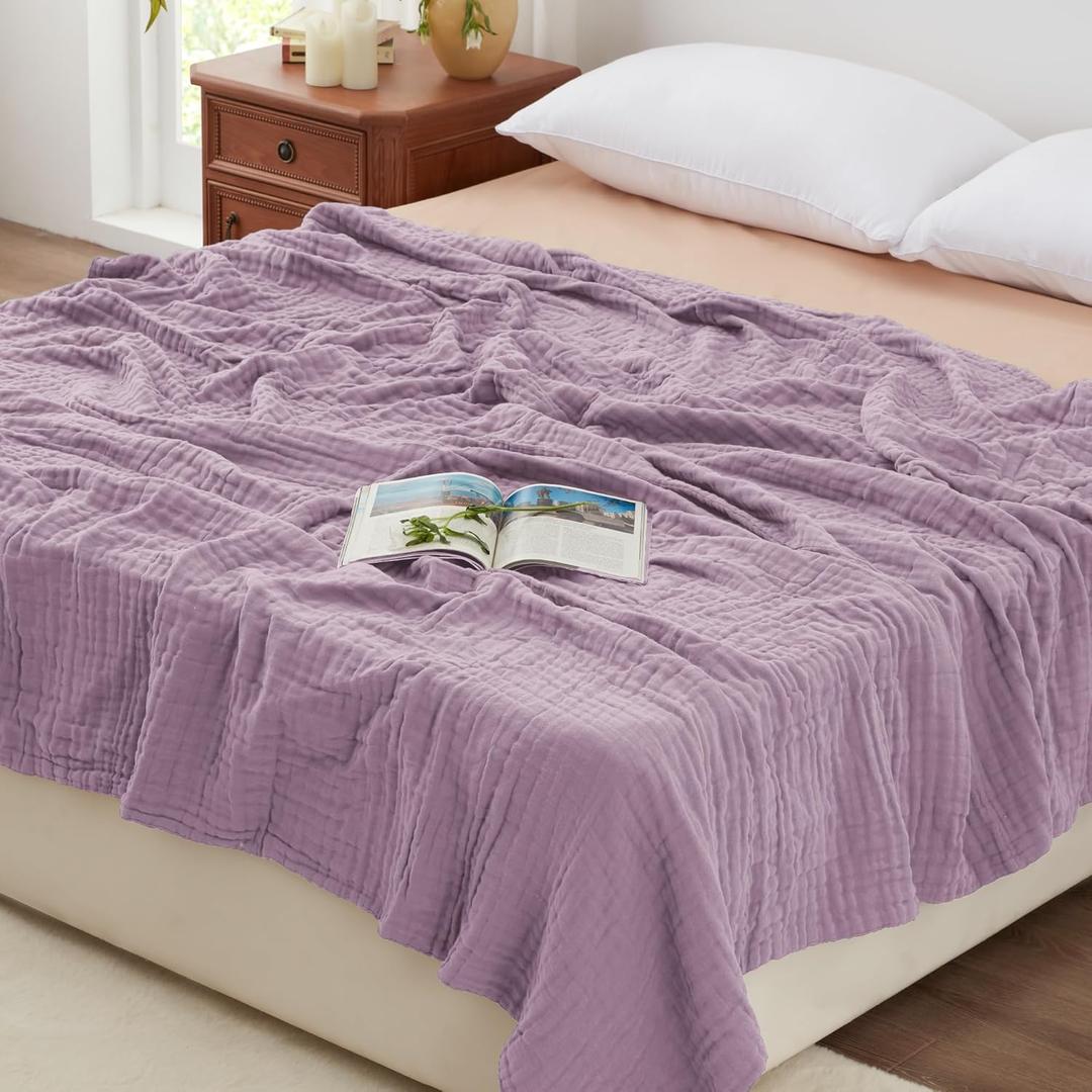 Love's cabin 100% Cotton Muslin Blanket, 6 Layer Lightweight Breathable Gauze King Size Blanket 108 x 90 Inches, Soft Summer Blanket for Bed, Lavender