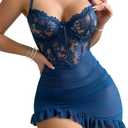 Foxiny Sexy Corset Bodycon Ruffle Sheer Underwire Mesh Lace Floral Outfits Babydoll Lingerie Set Dress with Thong 2 Piece XXL, Blue 