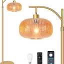 Glass Floor Lamp for Living Room with Amber Glass Lampshade, Dimmable Modern Standing Lamp with 12W LED Bulb, Remote Control Tall Lamp for Bedroom