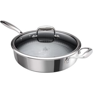 Hell's Kitchen Hybrid 4 Qt Saut Pan and lid, Tri-Clad Stainless Steel and Nonstick Ceramic, PFAS Free, no PFOA, no PTFE, no Teflon, Non Toxic Cookware, Metal Utensil Safe, All Cooktops and Oven Safe