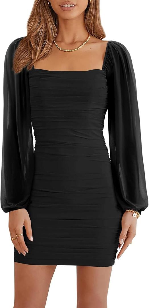 Ofenbuy Women's Mesh Long Sleeve Dress Square Neck Ruched Mini Bodycon Dress Stretch Party Cocktail Dresses (Medium, Black)