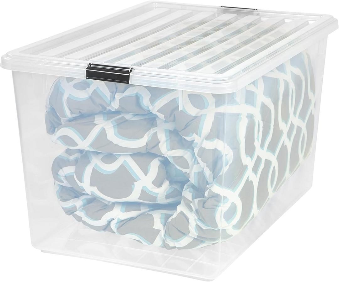 IRIS USA 132 Qt Stackable Plastic Storage Bins with Lids, 1 Pack - BPA-Free, See-Through Organizing Solution, Latches, Durable Nestable Containers, Secure Pull Handle, Made in USA - Clear
