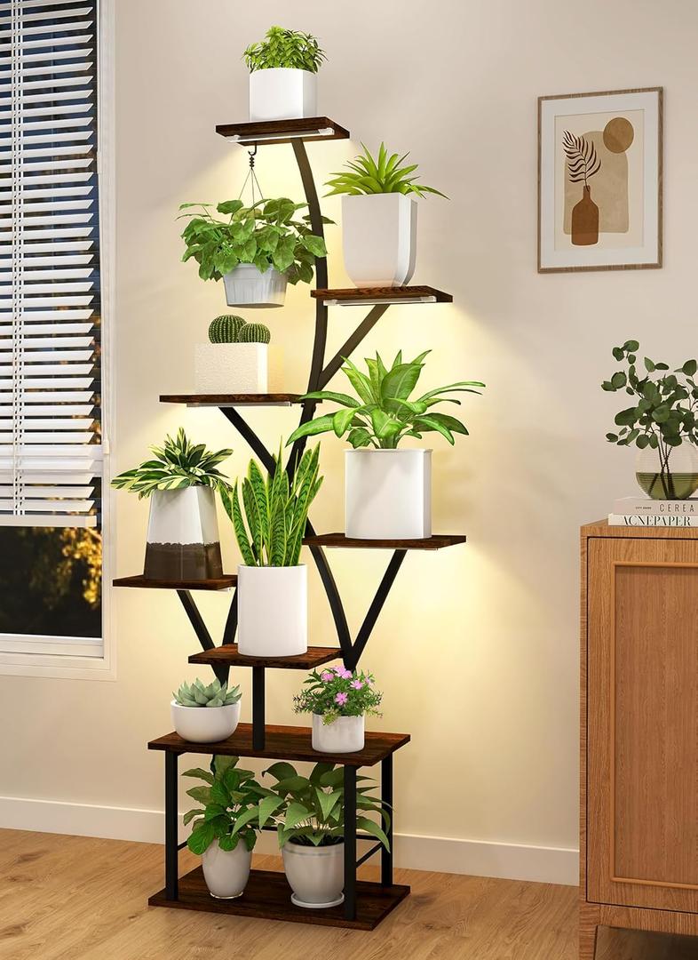 Plant Stand Indoor with Grow Lights 8 Tiered Plant Shelf Indoor 64" Tall Plant Stand for Indoor Plants Multiple Metal Corner Plant Holder Large Plant Rack Display Shelves for Living Room Patio