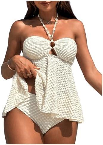 Milumia Women's Tankini Sets Two Piece Halter Cut Out Bathing Suits Tummy Control Swimsuit Flowy Swimwear (Large)