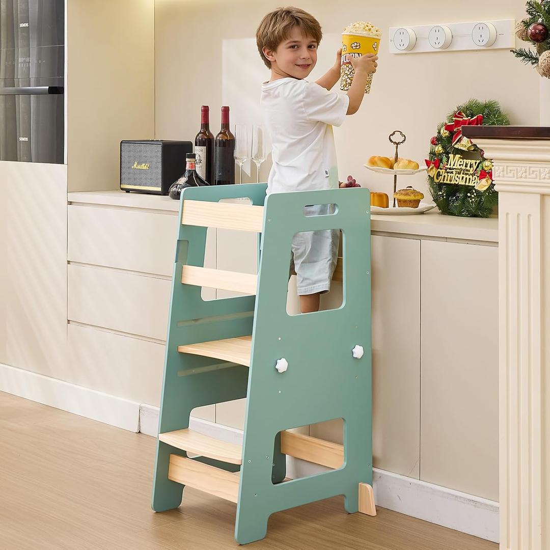 WOOD CITY Kitchen Step Stool - Safe Montessori Standing Tower for Kids with Safety Rail, Height Adjustable Toddler Ideal Helper for Learning New Skills, Anti-Slip Protection for Bathroom - Green