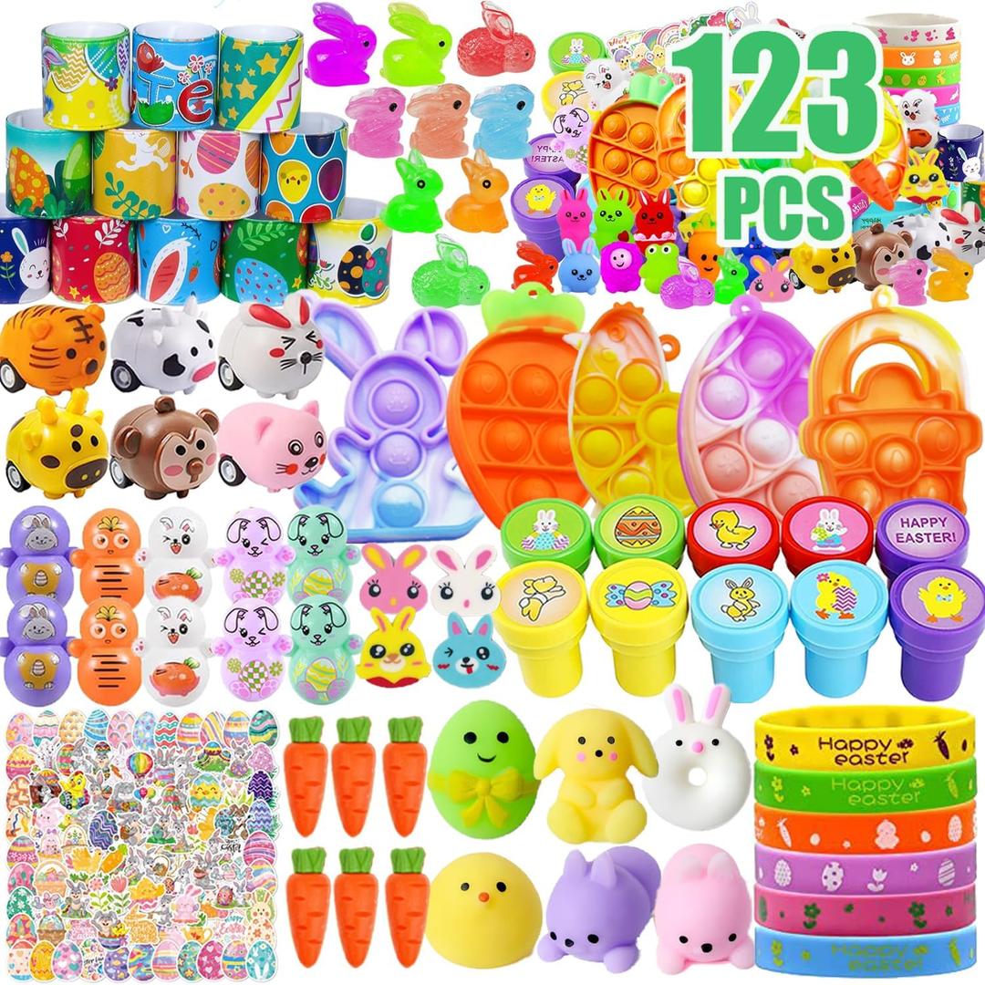 123 Pcs Easter Egg Fillers, Easter Egg Stuffers, Easter Party Favors, Easter Basket Stuffers for Kids Girls Boys, Easter Toys Gifts, Treasure Box Toys, Classroom Prizes, Goodie Bags Stuffers
