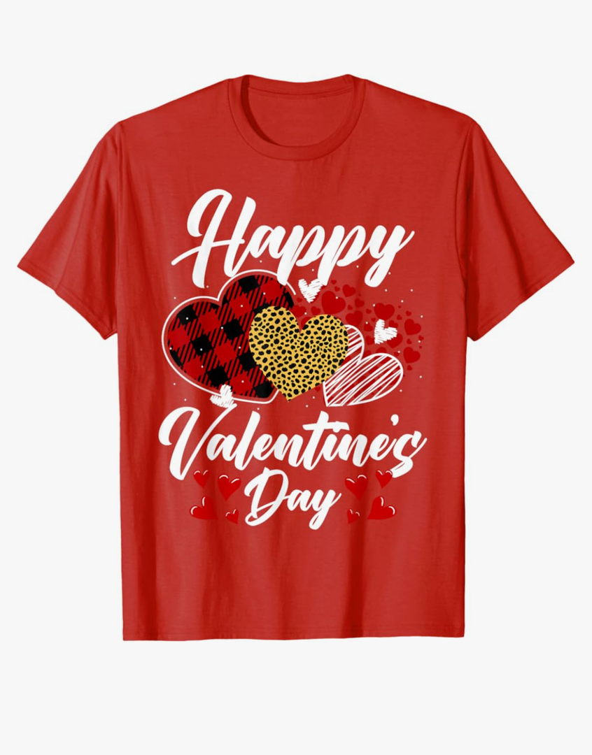 Happy Valentine's Day Hearts with Leopard Plaid Valentine T-Shirt XL