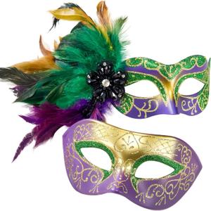 MYSEUNI Mardi Gras Mask with Feathers - Venetian Couple Carnivals Masks for Masquerade Party, Cosplay Party, Theme Ball