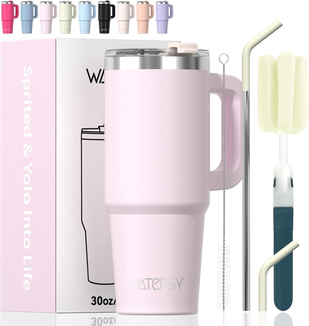 20 oz Tumbler with Handle,Tumbler with Lid and Straw,Double Wall Insulated Cup Stainless Steel Travel Mug(Cold for 34 Hours),Water Bottle for Iced Tea,Coffee,Cold Beverages(Rose Quartz)