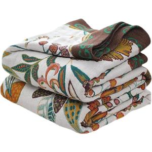 Fall Throw Blanket for Couch Bed Chair, 100% Cotton Muslin Breathable Woven Throws 60''x 80'' Boho Vintage Quilt for All Seasons Warm Lightweight Farmhouse Blankets Home Decoration (C-flowers and Leaves)