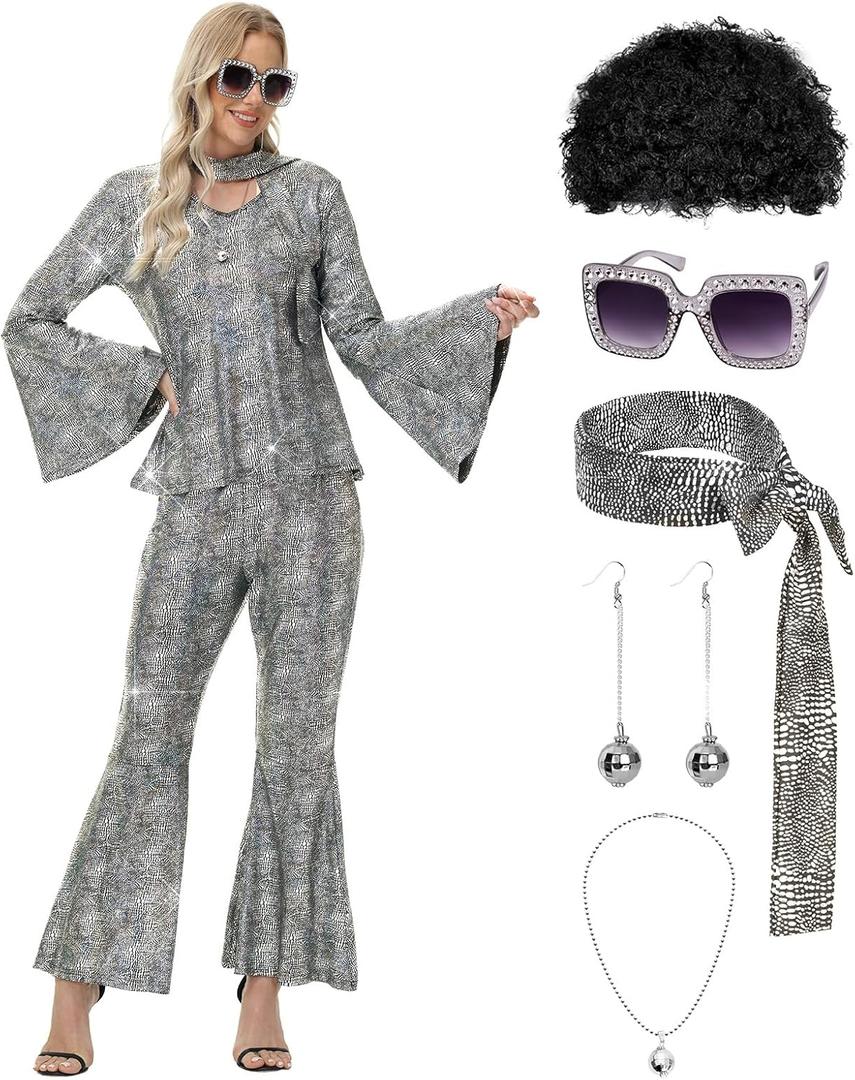 70s Disco Costume for Women - 1970s Disco Outfit with Wig, Earrings, glasses, Necklace, Headband, Sequin Top & Bell Bottoms (X-Large, Silver)