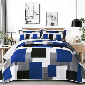 3 Piece Blue White Grey Quilt Set Full/Queen Size Black White Geometric Reversible Bedding Set Microfiber Lightweight Bedspread Coverlet with 2 Shams Modern Bed Covers for All Season, 90''x96''