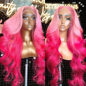 Pink Lace Front Wig Ombre Pink Synthetic Lace Front Wigs for Fashion Women Hot Pink Long Natural Wavy Hair Wig Heat Resistant Glueless Lace Wigs Pre Plucked