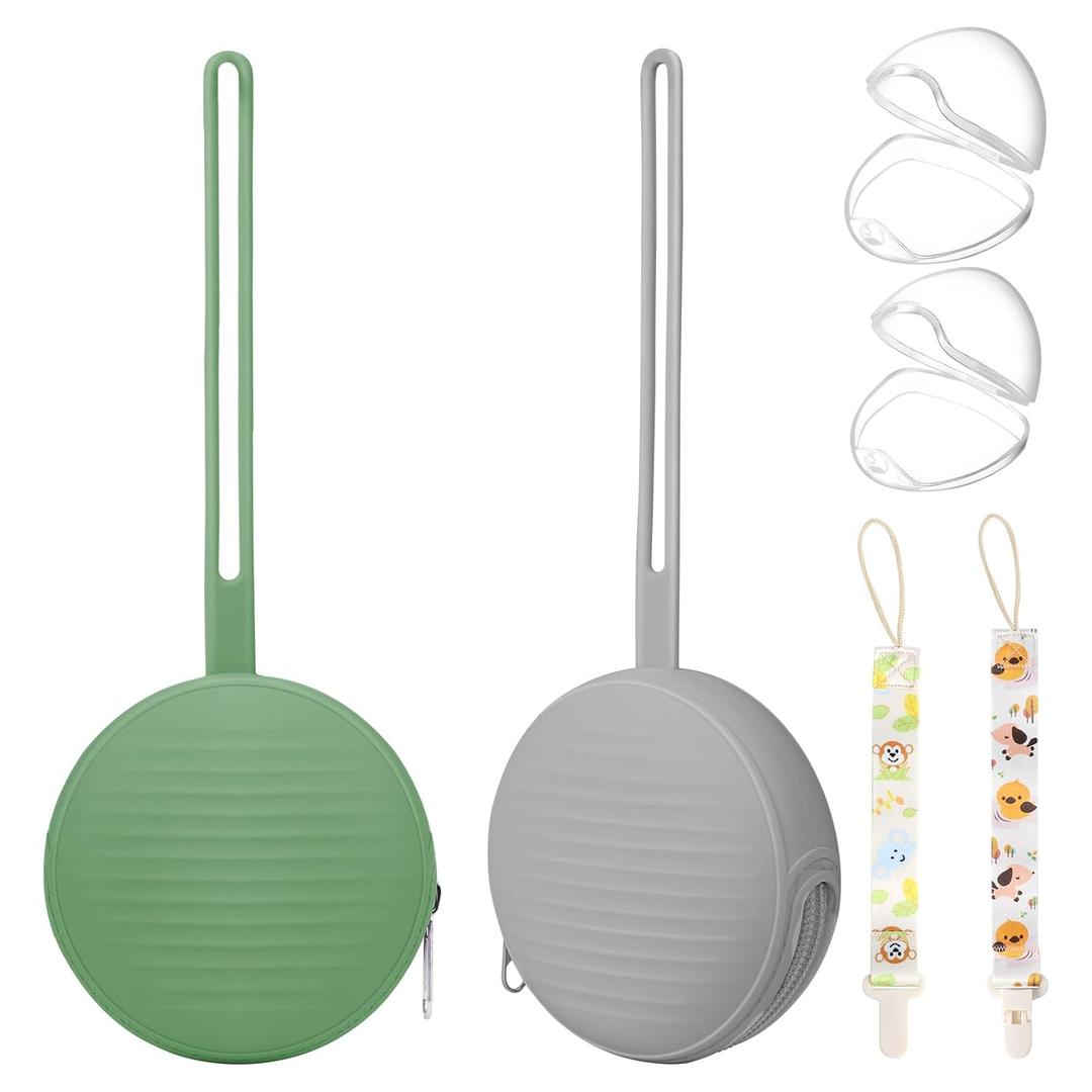 Pacifier Case, Holder for Traveling Baby Essentials Set - BPA Free (Green + Gray)