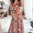 CHICME Womens Summer Boho Maxi Dress V Neck 3/4 Puff Sleeve Floral Flowy Wedding Guest Vacation Beach Long Dress (L)