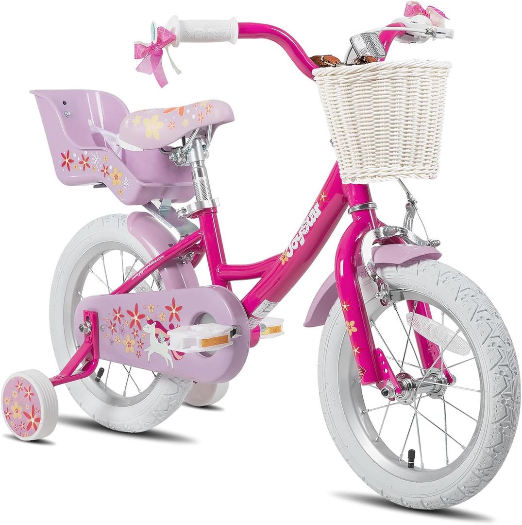 JOYSTAR Unicorn Kids Bike for Girls Ages 2-9 Years Old, 12 14 16 18 Inch Kids Bike with Training Wheels, Doll Seat, Streamers and Basket, Toddler Girls Bike, Multiple Colors (Fuchsia)
