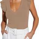 Ezbelle Women's Summer Sleeveless Tops V Neck Ruffle Shirts Ribbed Knit Tank Top Sexy Blouse Ladies Clothes 2025 (Khaki)