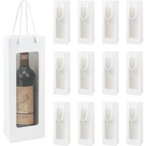 Ssyuysto 12Pcs White Wine Gift Bag with Clear Window Large 14.1" Kraft Paper Bottle Bags with Sturdy Rope Handles for Wine Champagne Liquor Reusable Elegant Party Favor Bags for Birthday Wedding Holiday Business Gifts