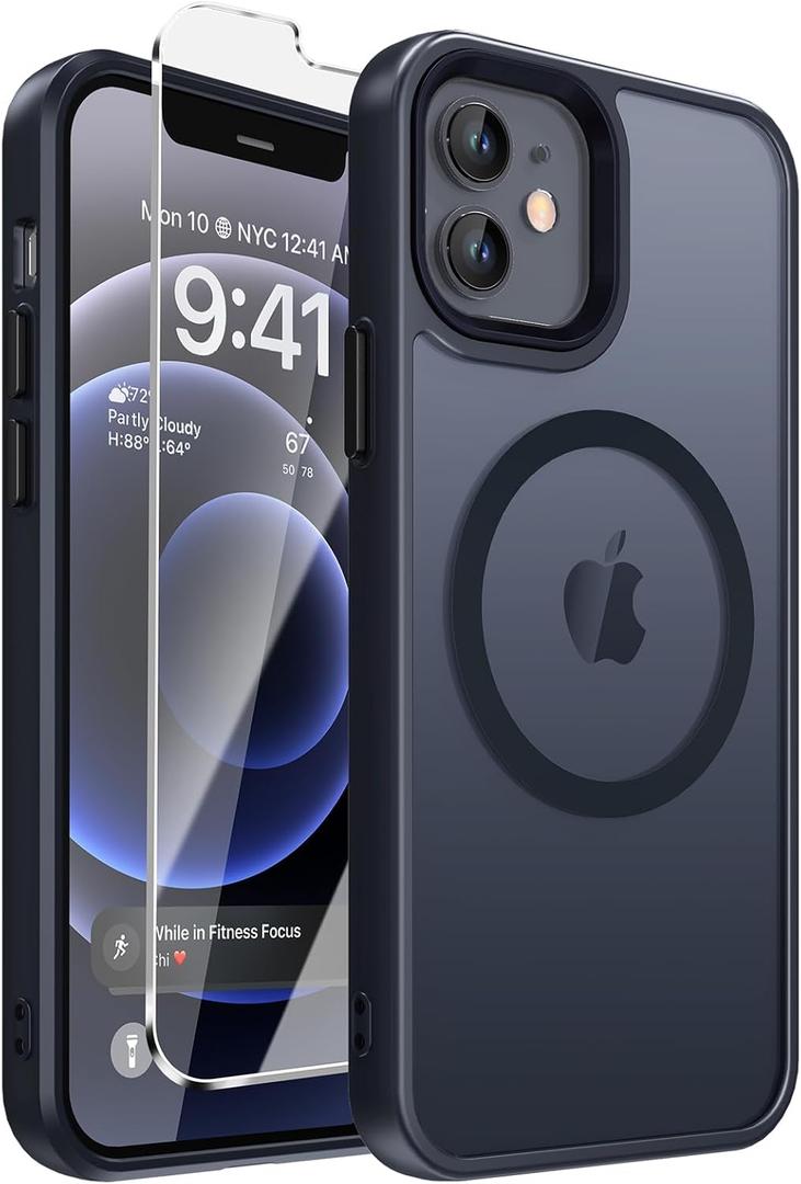 DEERLAMN Magnetic Matte Case for iPhone 12/12 Pro with Screen Protector, [Compatible with MagSafe][Military Grade Drop Protection] Slim Translucent Shockproof Protective Phone Cover, Black