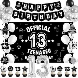 Vlipoeasn Happy 13th Birthday Decoration for Boys Girls, Black White Official Teenager Backdrop Banner, Cake Topper, Hanging Swirls, 13 Year Old Birthday Party Decor Supplies for Outside Inside