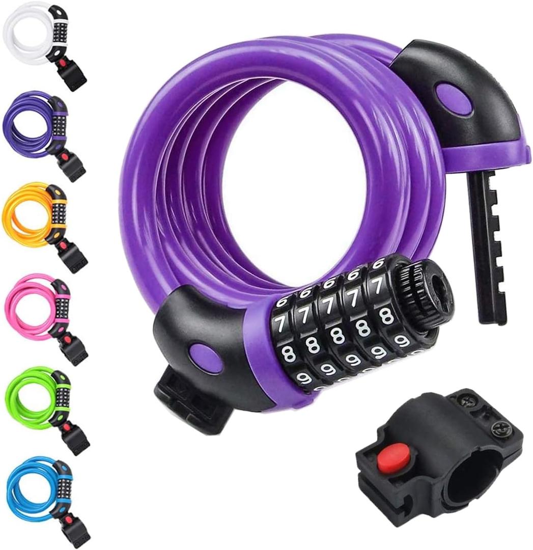 NDakter Bike Lock, 4/5.6 Feet Bicycle Cable, High Security 5 Digit Resettable Combination Coiling Bicycle Lock, Heavy Duty Anti Theft Cable with Mounting Bracket, 1/2 Inch Diameter (12mm) (Purple)