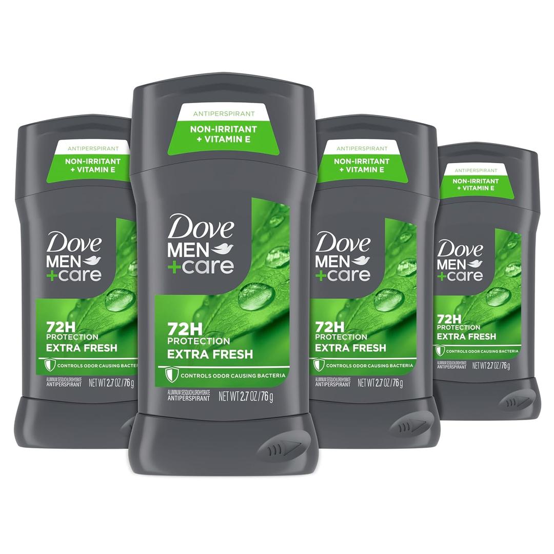 DOVE MEN + CARE Antiperspirant Deodorant Stick for Men 4 Count Extra Fresh with 72-hour Sweat & Odor Protection with 1/4 Moisturizing Cream & Long-lasting Citrus scent 2.7 oz