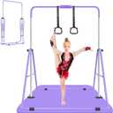 Expandable Gymnastics Bar for Kids, Adjustable Height Junior Training Kip Bar, Folding Gymnastic Horizontal Bars Monkey Bar, Home Gym Equipment for Kid Gymnasts, Child, Girl, Boy (Purple with mat)
